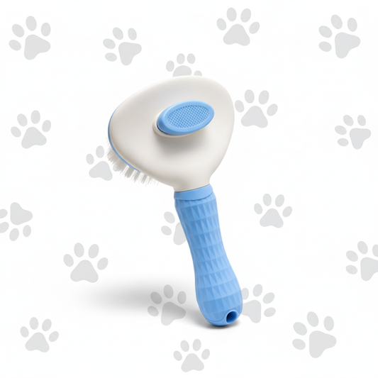 Blue and white pet brush with paw print background