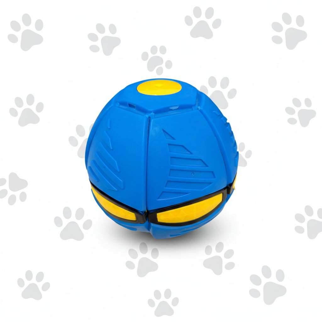 Blue and yellow ball toy with paw print background