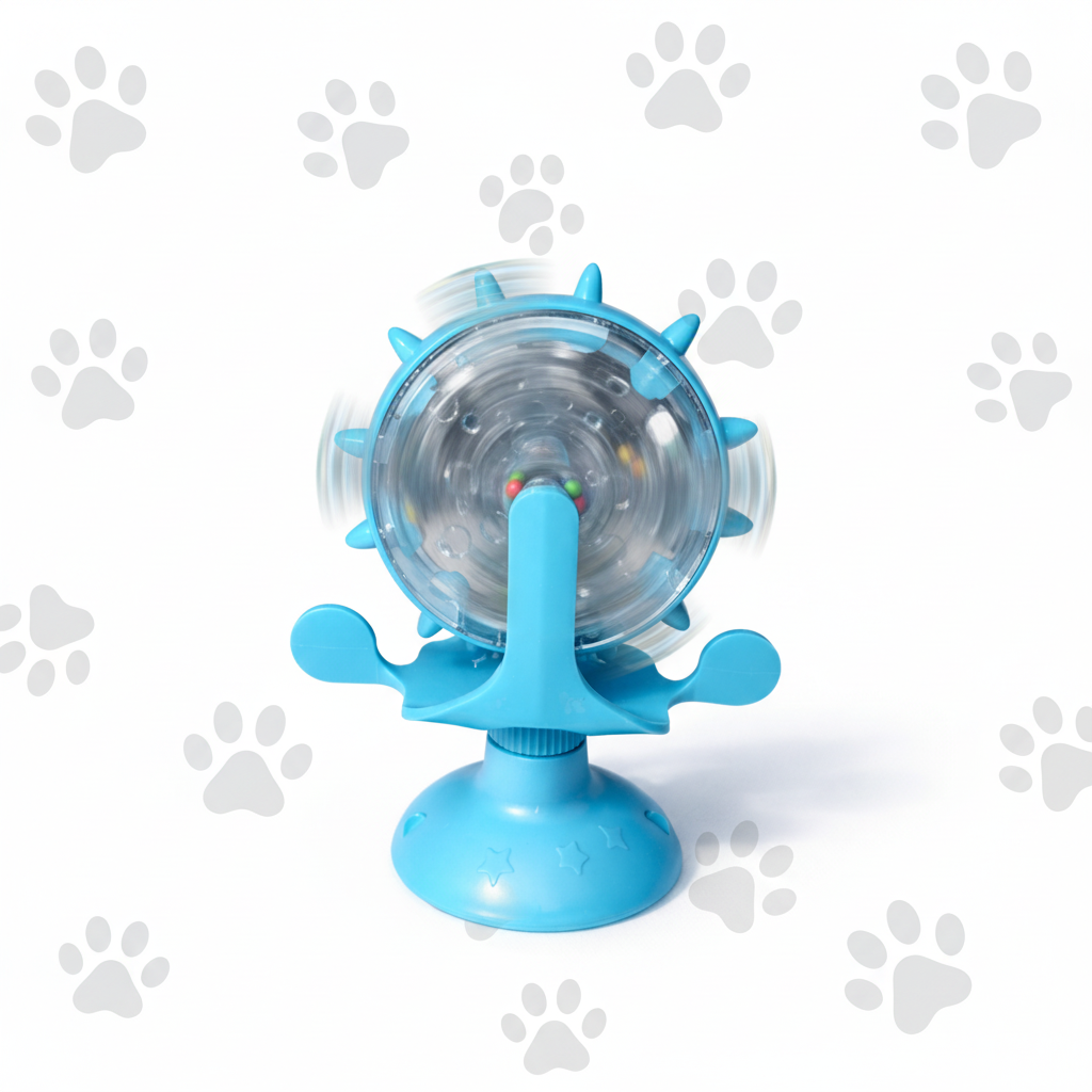 Blue spinning toy with paw print background