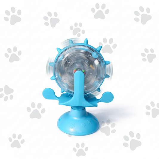 Blue spinning toy with paw print background