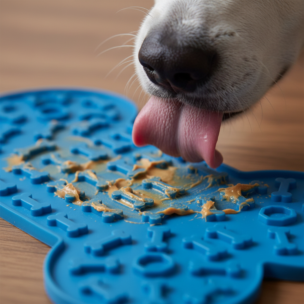 Close-up of dog using lick mat
