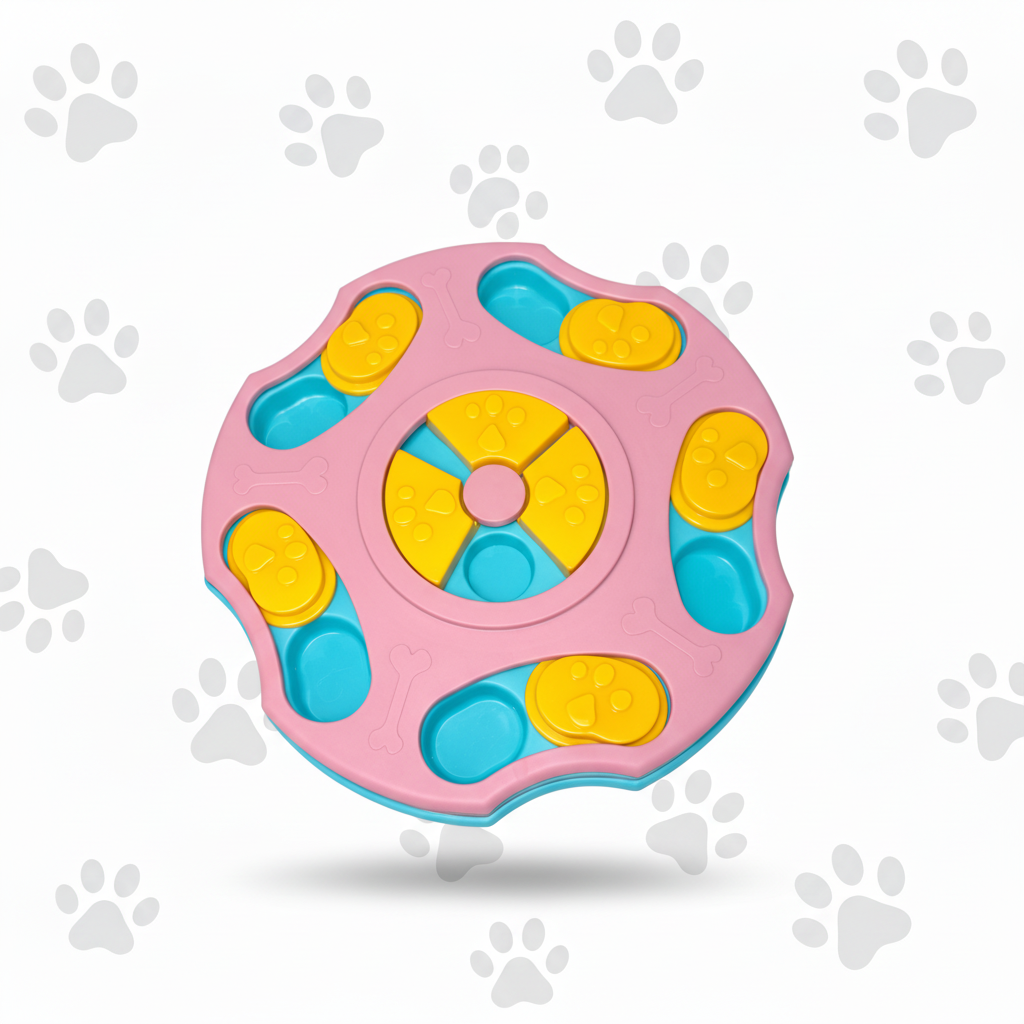 Pink puzzle feeder with paw print background